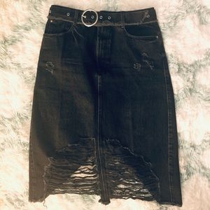 ZARA DISTRESSED DENIM MIDI SKIRT with BELT